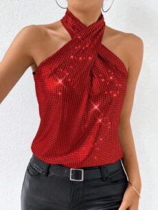 Top halter de color rojo con tira cruzada