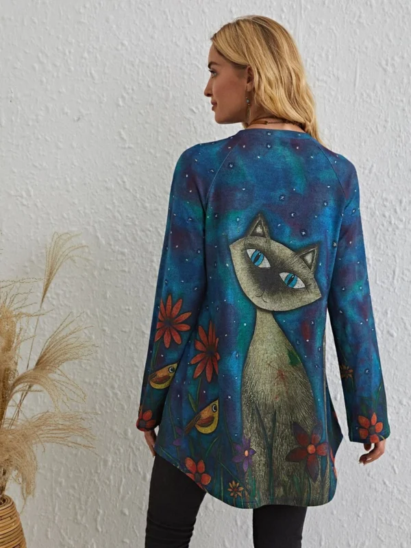Blusa grande azul con estampado de gato holgado - Imagen 2