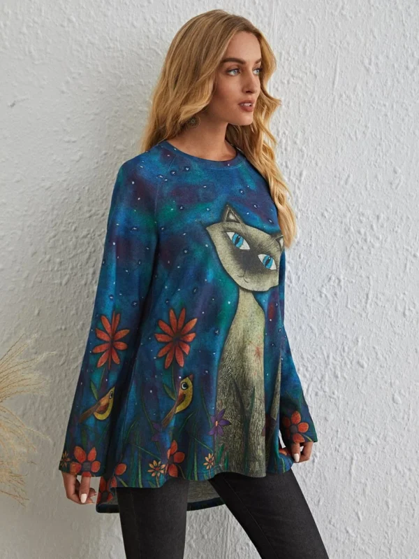 Blusa grande azul con estampado de gato holgado - Imagen 3